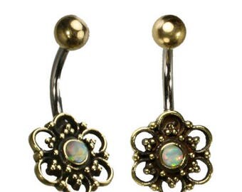 Piercing nombril bague du ventre en acier chirurgical / Brass and 316L steel Navel Bars with white opal.