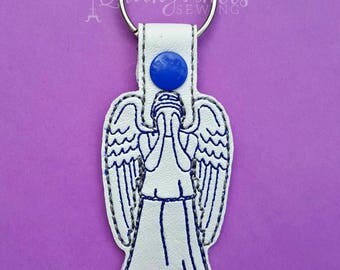 guardian angel-angel key chain-angel key fob-memorial key chain-embroidered angel-weeping angel-snap tab angel-grieving gift