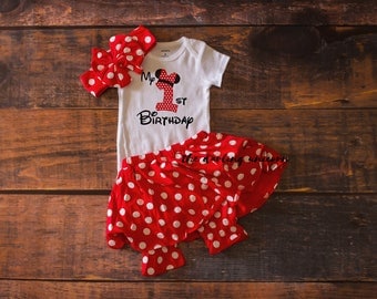 Minnie Mouse 1st Birthday Outfit, baby girl tshirt, birthday outfit, toddler outfit, 1 year outfit, red polka dot skirt, minnie mouse skirt