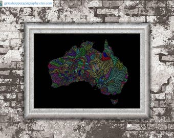 River basins of Australia in rainbow colours (high resolution digital print) map print, wall art, poster map, home decor, wall decor, gift