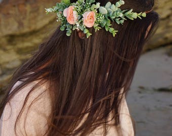 Flower crown wedding, blush bridal flower crown, bridal half crown, half flower crown, greenery crown, bridal headpiece