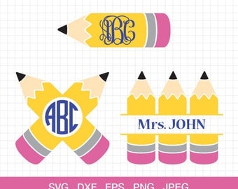 Pencil svg, Pencil Monogram frames, Teacher svg, Teacher Monogram, back to school svg, First Day of School svg, for Silhouette, Cricut.