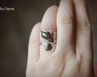 Silver ring Adjustable ring Labradorite gemstone Labradorite jewelry Sterling silver Wire wraped ring Silver wire Silver flower