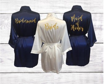 Bridesmaid Robes Bridal Party Satin Robes Bride Wedding Party Robe Navy Ivory Gold Glitter Custom Personalized Gift Monogrammed Initials