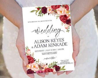 Flowers Watercolor Burgundy Wedding Invitation Template -Peonies Invite-DIY Printable Invitations-PDF-Download Instantly| VRD137AF
