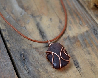 Scottish Sea Glass Wire Pendant, Copper Wired Sea Glass Necklace, Vintage Sea Glass Jewelry, Gifts for Her, Beach Chic, Rustic Pendant