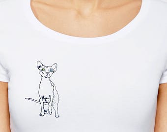 Sphinx embroidered tshirt, Labor day SALE, hand embroidered tshirt, white women tshirt, embroidery t shirt, women clothes, sphynx cat shirt