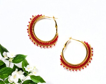 Woman Gift|for|Girlfriend Red Hoop Earrings Boho Jewelry Bohemian Earrings Delicate Earrings Golden Gypsy Style Red Earrings Trend Jewelry