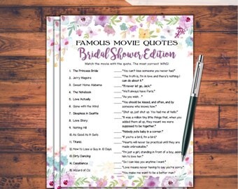 Famous Movie Quotes Match Game Bridal Shower Game - Wild Flowers Theme Printable Movie Quotes Match Game - Bachelorette Party