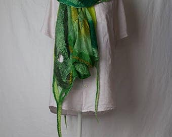 Green Nuno felted scarf, with silk and merino wool