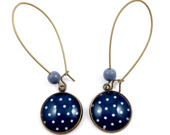 Bronze earrings * cabochon * grey dots on dark blue background