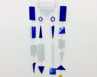 Blue & Yellow Boho Style Stained Glass Wind Chime//Glass Mobile//Glass Sun Catcher