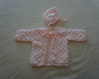 Crocheted Pink Newborn Baby Girl Sweater and Hat Set