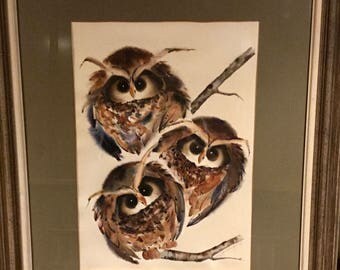 Owl Trio Vintage Original Watercolor Framed