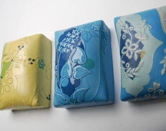 Wall pillow tile in Aqua & Navy w. Lilacs plus Green Polka Dots and Navy detail, Victorian modern Home decor art