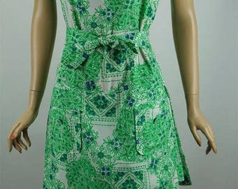 Vintage 1960s Scooter Dress Green and White Cotton Skort Romper by Liberty Circle B38