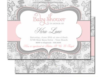 Pink and Grey Baby Shower Invitations, Pink and Gray Baby Shower Invites, Pink and Grey Baby Shower Invitation Girl, Printed Invitations