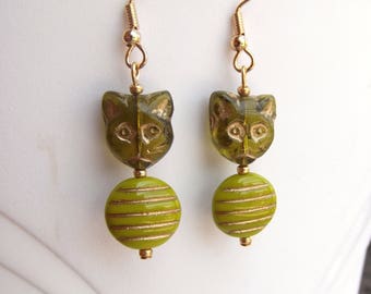 Olive Green Chartreuse Cat Charm Earrings