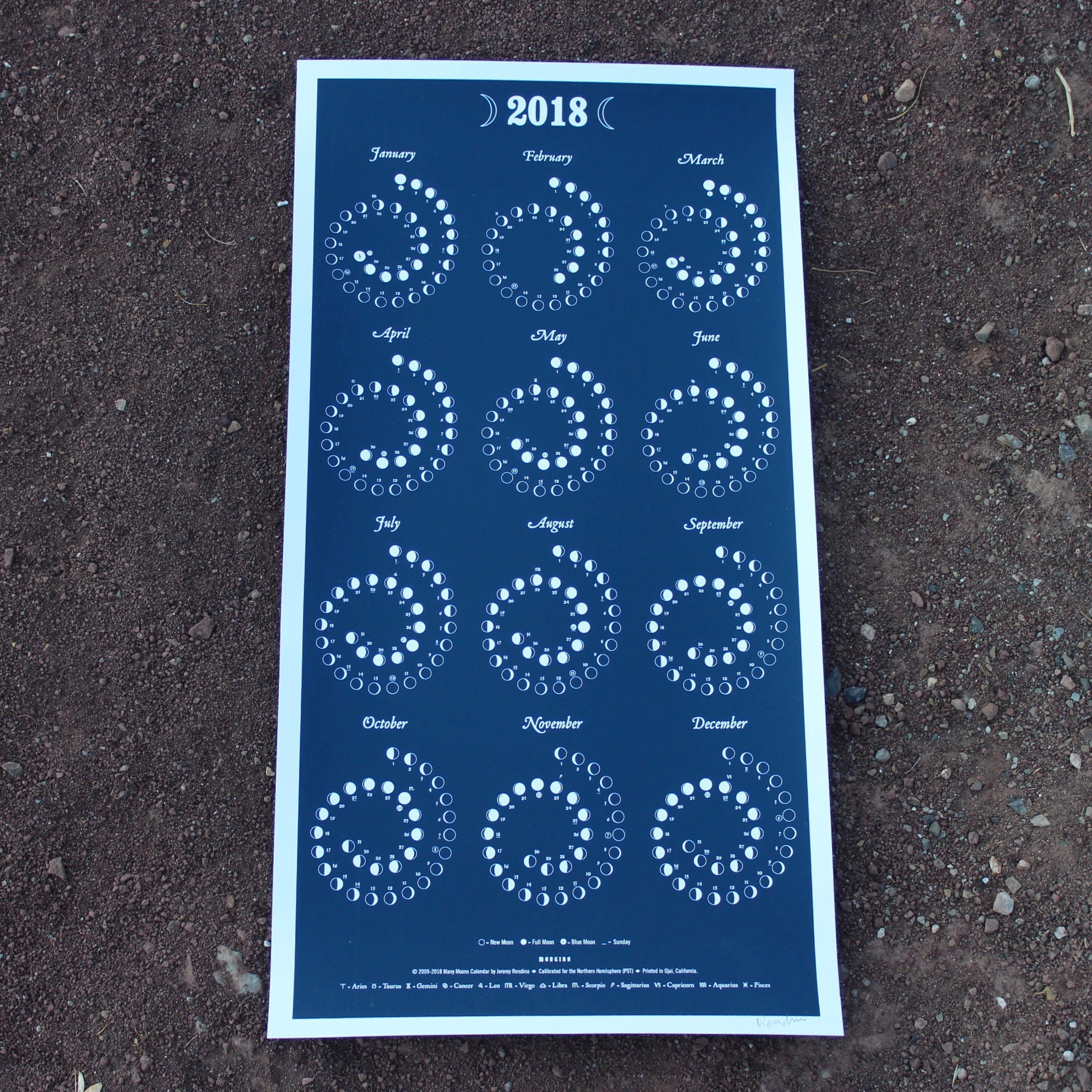 2018 large moon calendar in night sky silkscreen print