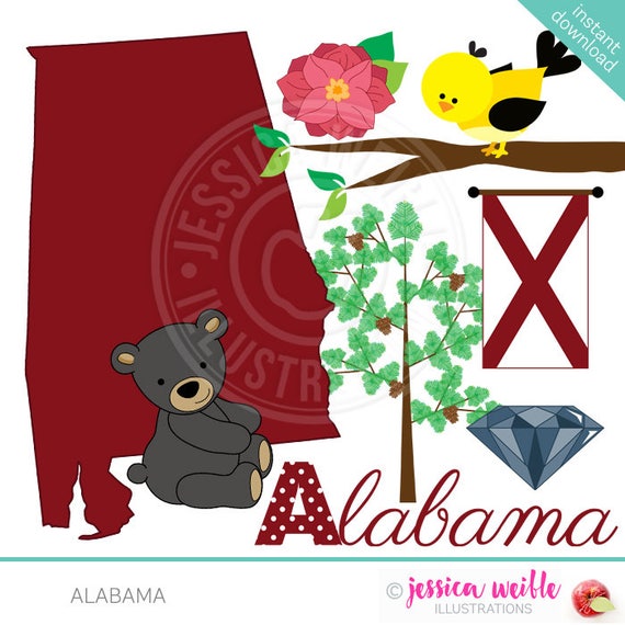 Alabama Cute Digital Clipart for Invitations, Card Design, Scrapbooking, and Web Design, State of Alabama Clipart Il_570xn