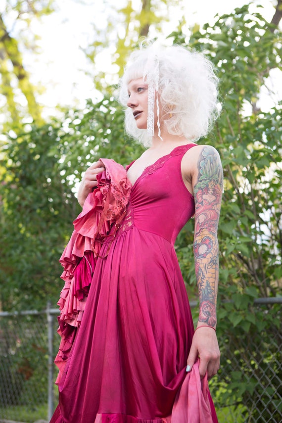 Magenta Tone Ruffled Slip Dress, Full Circle skirt Magenta Tone Ruffled Slip Dress, Full Circle skirt