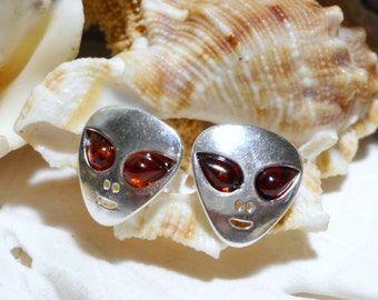 Sterling Silver and Baltic Amber Alien ET UFO Stud Earrings 2.25g