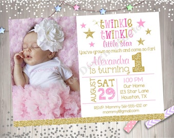 Twinkle Twinkle Little Star First birthday invitation invite pink and gold little star 1st birthday invitation Photo Picture Printable