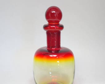 Vintage Signed Blenko Tangerine to Ruby Red Blown Art Glass Decanter, Hand Blown Blenko Art Glass Decanter, Blenko Glass Bottle, Blenko