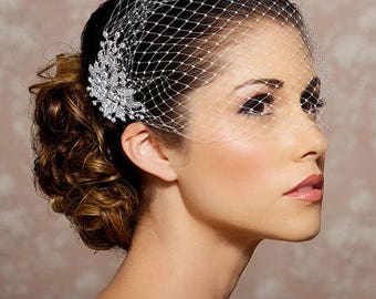 Birdcage Veil, Bridal Veil and Bridal Comb, Bandeau Birdcage Veil, Blusher Bird Cage Veil - QUICK SHIPPER - Detachable Rhinestone Hair Comb