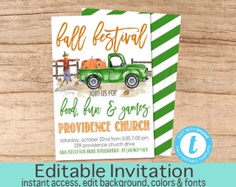 Fall Fest Flyer, Fall Festival Invitation, Pumpkin, Truck, Pumpkin Patch, Church, Fall Invite, Editable Flyer Template, Instant Download