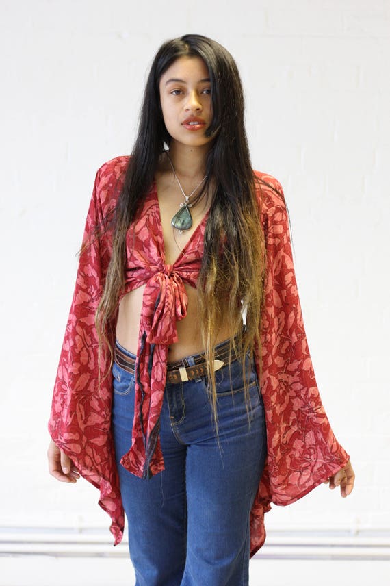 SILK TIE TOP - Bell sleeve crop top- Silk Tie Top- Vintage- Festival Top- Retro- 70s- Crop Top- Kimono- Paisley top- 100% Silk- Couture