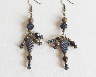 Boucles d'Oreilles Vintage Baroque - Harmonie Noir et Bronze - Perles Shamballa, Verre, Perles tibétaines - Bijou créateur, en pièce unique