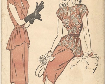 Vintage 1940s Advance Pattern 4586 Two Piece Dress with Peplum Bust 32
