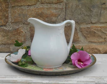 White Ironstone Creamer Milk Pitcher Ewer Iron Stone China Wildflower Decorated Antique Vase Powell and Bishop c. 1878
