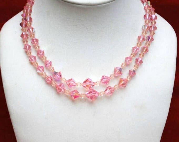 Pink Crystal Necklace - Graduated double strand - cut crystal glass beads