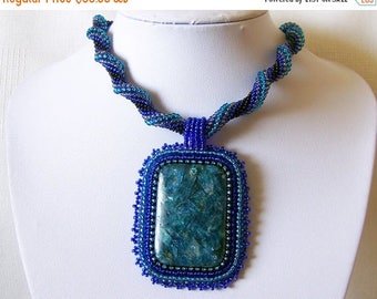 15% SALE Beadwork Bead Embroidery Pendant Necklace with blue Apatite - STARRY NIGHT - Apatite necklace - modern necklace - blue rope necklac
