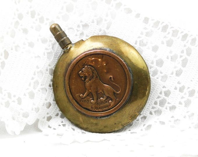 Antique French Trench Art WW1 Powder Flask in Copper and Brass with Embossed Lion Rooster Inscribed Vimy Roeux Bullecourt Fleury Thiaumont
