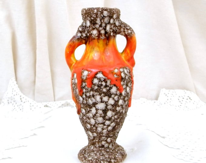 Vintage French 1960s Vallauris Vase Mid Century Modern Design Fat Lava Orange and Yellow Drip Glaze With "Ecume de Mer" Volcanic Glaze