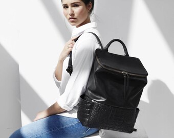 Backpack 'Jamie' black vegetable tanned leather with crocodile print