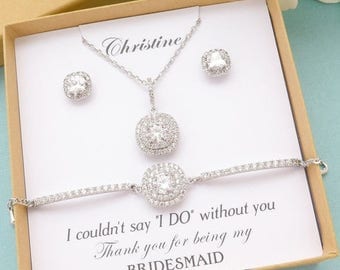SALE Personalized Bridesmaid Gift, Bridesmaid Jewelry Set, Bridesmaid Earrings Necklace Bracelet Set, Princess Cut Stud Earrings, Wedding Je
