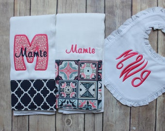 Personalized Monogrammed Girl's Burp Cloth and Bib Set, Navy Pink Custom Burp Cloth Set, Baby Girl Gift, Monogrammed Baby, New Baby