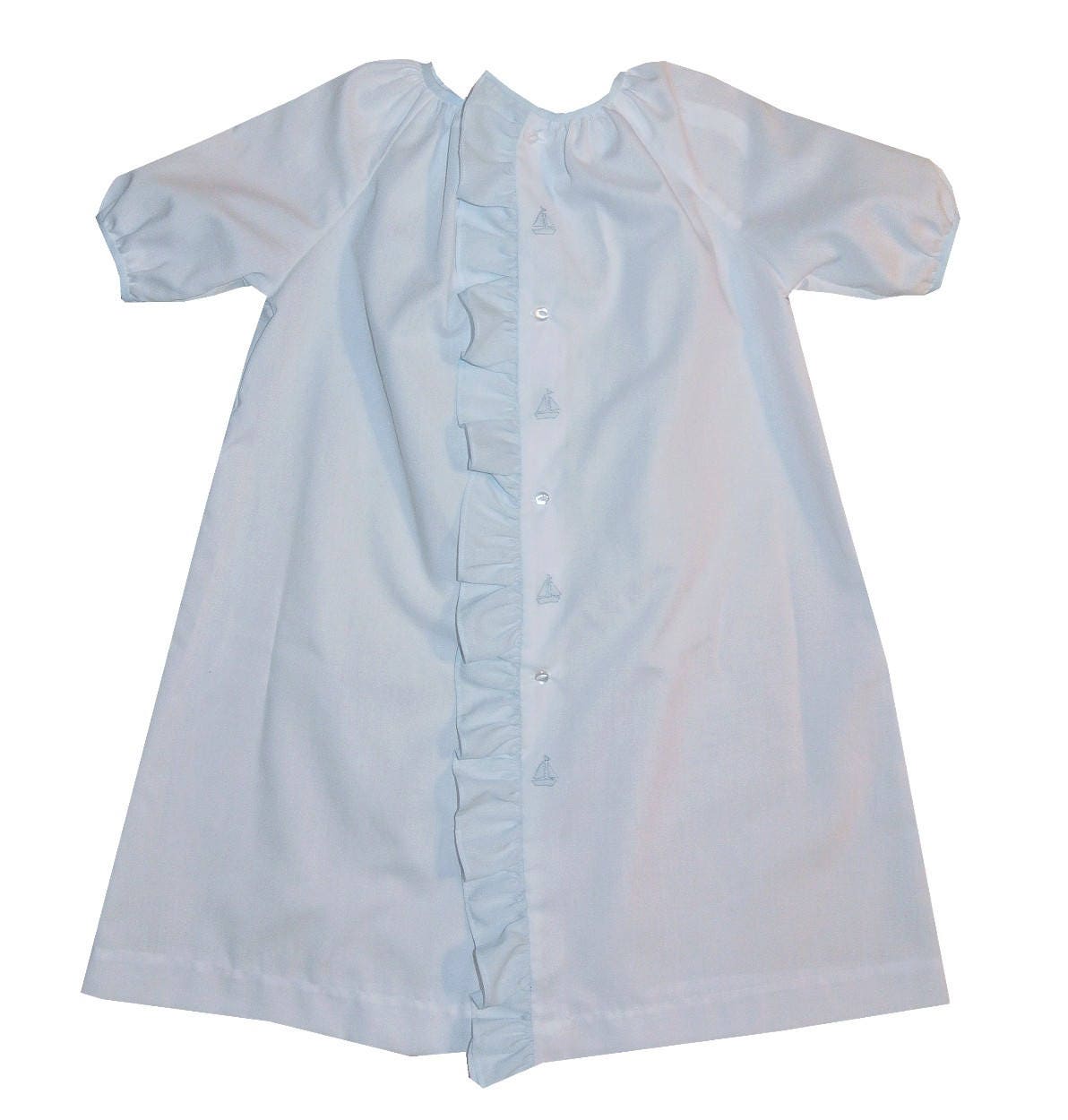 Heirloom Baby Boy Day Gown with Blue Ruffle and Hand Shadow