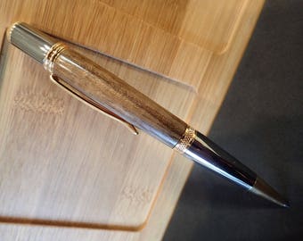 Hawaiian Kou Wood Hand Turned Sierra Style Grey Titanium & Gold Titanium Twist Ballpoint Pen