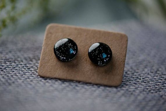 Black Night Sky Earrings - Surgical Steel Hypoallergenic Green Studs - Free Postage Sensitive Earrings
