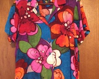 Women’s Jams World M Hawaiian Print Short Sleeve Blouse Firenze Print Hibiscus