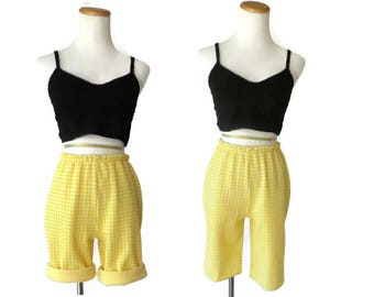 Gingham Shorts Yellow High Waisted Short 1960s 60s Mod Size Medium Stretchy 1960s High Rise 1970s 70s