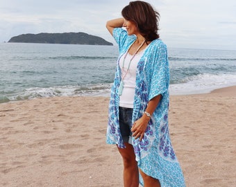 Boho Beach cover up - Kimono in teal and pink with sequins - long, Flowy and soft Boho Kimono cardigan, / robe /