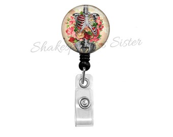 Human Anatomy Badge Reel - Retractable Badge Holder - Skeleton and Flowers - Nurse Badge Reel - Medical ID Holder