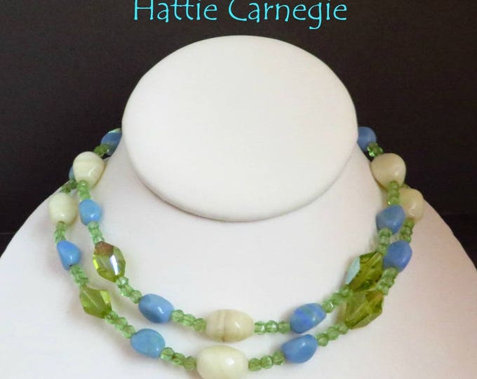 Signed Hattie Carnegie Necklace | Vintage Art Glass | Cream Blue Green Glass Beaded Necklace