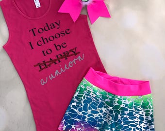 Unicorn Pink Tank Top with optional add on Cheer Bow and Tye Dye Spandex Shorts / Dancewear / Cheer Outfit / summer tank / Unicorn Cheer Bow